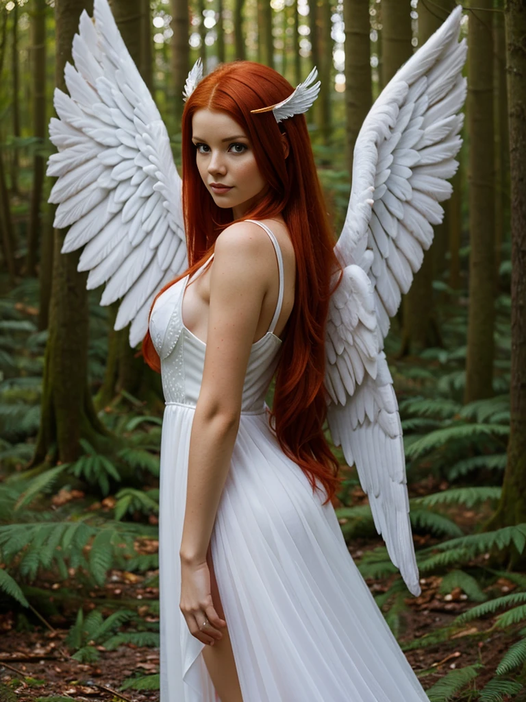 woman with red hair and angel wings in a forest, girl with angel wings, wearing angel halo, angel themed, angel-themed, white wings, wearing angel, portrait of a beautiful angel, fantasy photoshoot, wearing angel halo covered face, beautiful female angel, winged girl angel,  angel wings