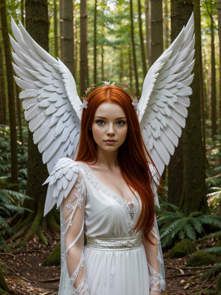 woman with red hair and angel wings in a forest, girl with angel wings, wearing angel halo, angel themed, angel-themed, white wings, wearing angel, portrait of a beautiful angel, fantasy photoshoot, wearing angel halo covered face, beautiful female angel, winged girl angel,  angel wings