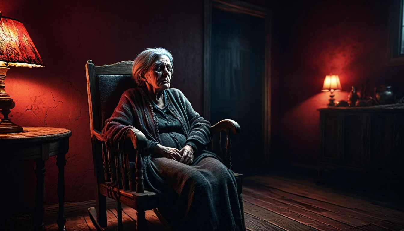 a sleepy old woman,ugly granny,sleeping on a chair tied with rrope,looks like dead,very scary room,dark and red lighting,horror atmosphere,highly detailed,octane render,cinematic lighting,dramatic chiaroscuro,moody colors,muted tones,gloomy,creepy,unsettling,unnerving,disturbing,eerie,spooky,sinister,ghastly,ghoulish,macabre,haunting,ominous,foreboding,unsettling,unnerving,nightmarish,visceral,gritty,realistic,photorealistic,hyper detailed,masterpiece,best quality,8k,ultra-detailed,physically-based rendering,extreme detail description,professional,vivid colors,HDR,UHD,studio lighting,sharp focus,bokeh
