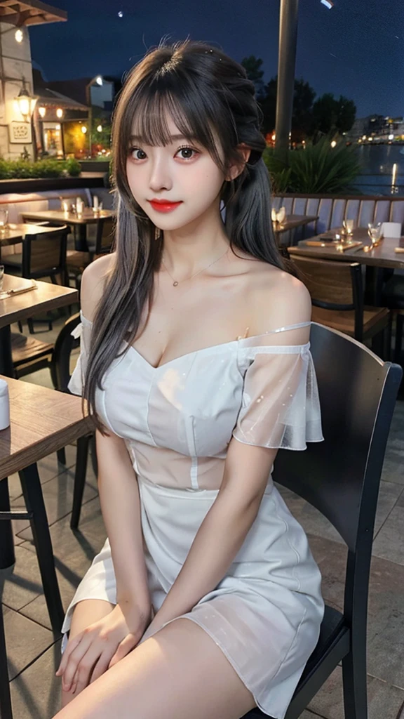 1 Girl, Beautiful, , 20 Years Old, White Skin, Large Saggy Breasts, Cleavage, ((White See Through Dress)), (Transparent), (Transculent), ((muscles:1.1)), ((Night restaurant Outdoor)), Sexy Look, Girly Pose, Grey Hair Bangs, Silver Twintail, ((adorable:1.1)), ((masterpiece:1.1)), Cute Face, ((Nightly:1.3)), Black Coloured, Candid, off-shoulder ((sit on the chair with coffe in the table))