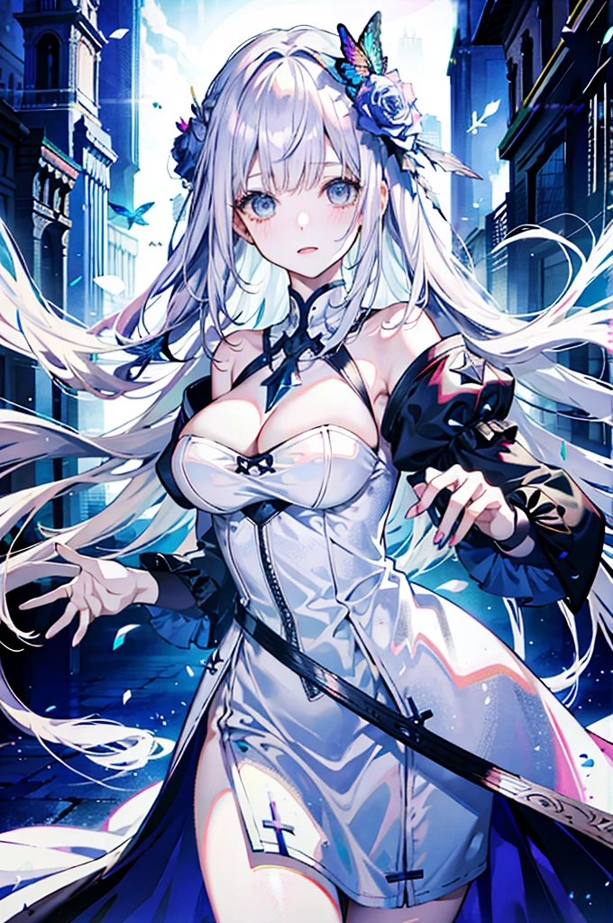 silber hair,butterflys,Long gray hair,8k wallpaper,detailedbackground,Highest resolution,Deep V large breasts,With long bangs,Church background,Rose blanche,Tight,themoon,White dress