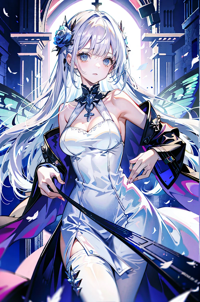 silber hair,butterflys,Long gray hair,8k wallpaper,detailedbackground,Highest resolution,Deep V large breasts,With long bangs,Church background,Rose blanche,Tight,themoon,White dress