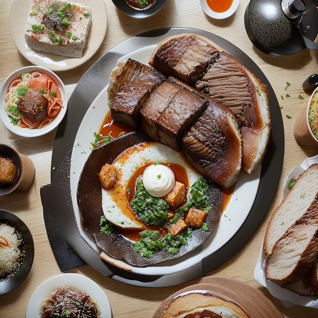 A plate of food is placed on the table along with other dishes, korean supper, Shot on Sony Alpha 9, 8k)), Tawan Duchanee&#39;s Style, Sichuan, daoshu, Pan Renwei&#39;s Style, aokamei, View from above, Green Pavilion, 8k!!, Strong Province, Shot on a Canon 80d
