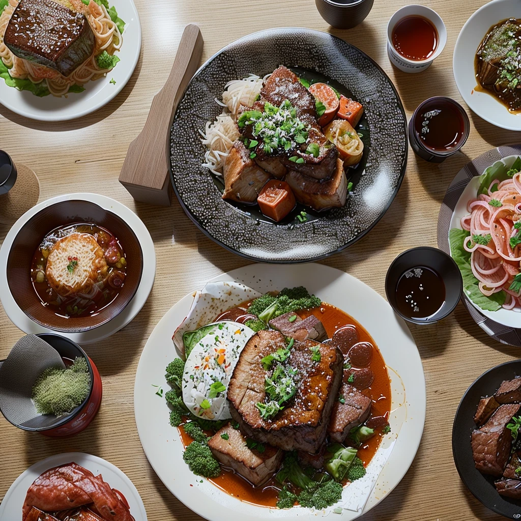 A plate of food is placed on the table along with other dishes, korean supper, Shot on Sony Alpha 9, 8k)), Tawan Duchanee's Style, Sichuan, daoshu, Pan Renwei's Style, aokamei, View from above, Green Pavilion, 8k!!, Strong Province, Shot on a Canon 80d