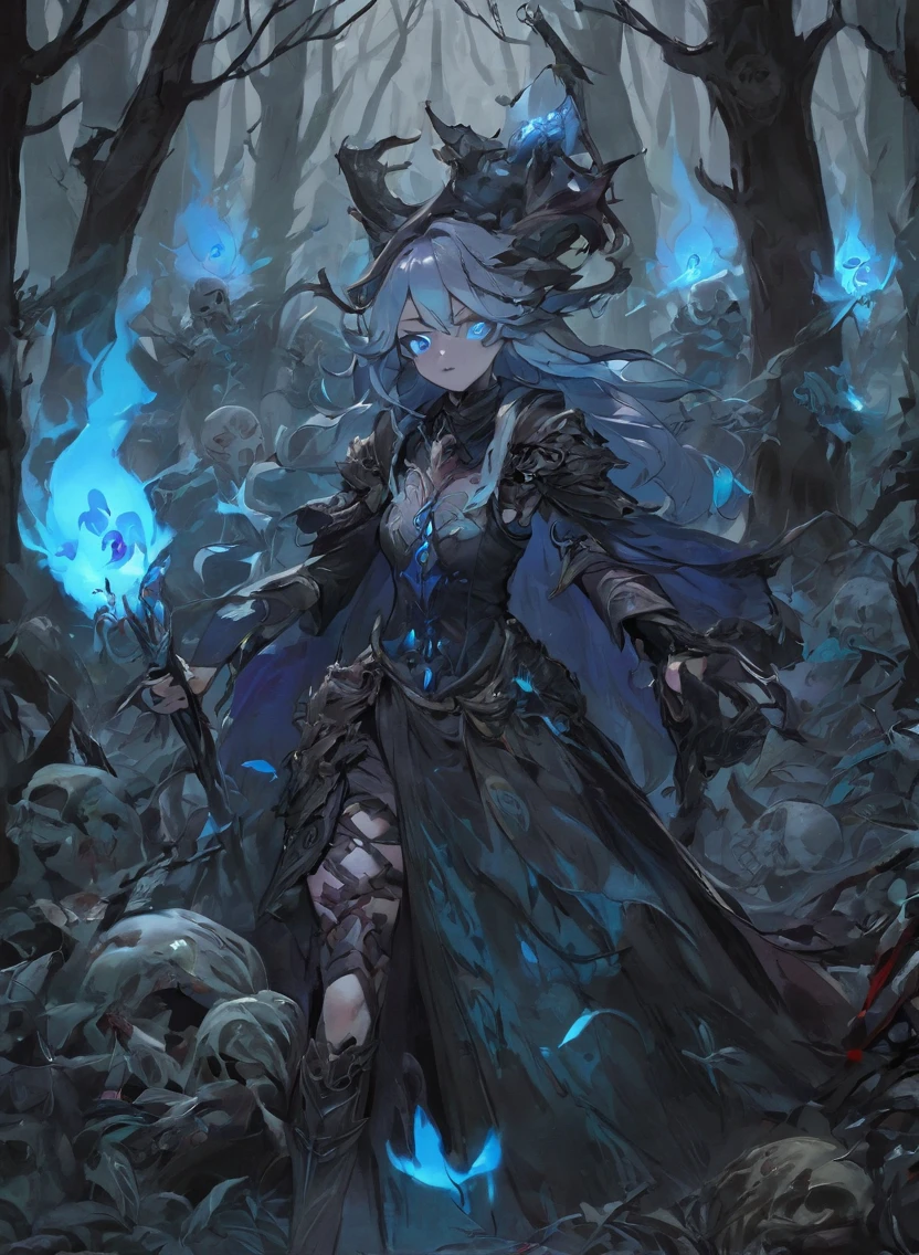 A warlock's patron, an undead loard, with glowing blue eyes, in a dark forest, surrounded by a cold, cold color palette, a deadbody army in the background, wearing a bloodstained dress with a blood aura, The flesh is rotting.