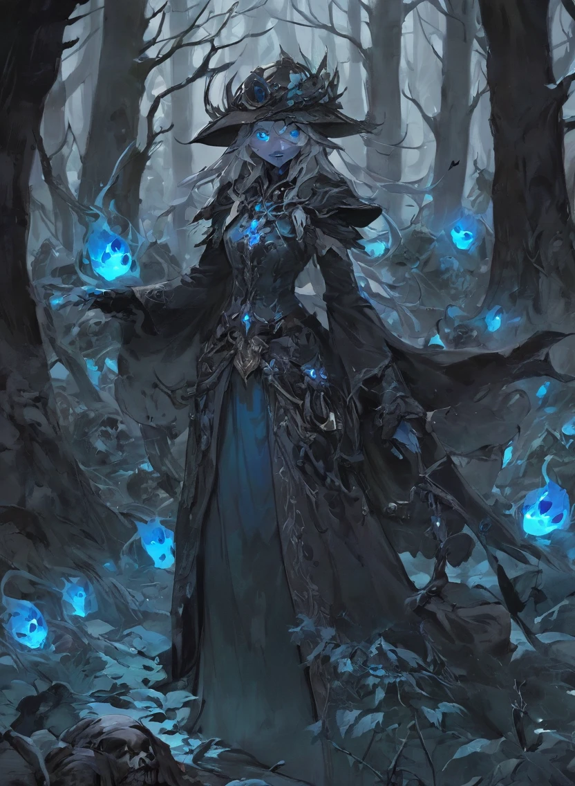 A warlock's patron, an undead loard, with glowing blue eyes, in a dark forest, surrounded by a cold, cold color palette, a deadbody army in the background, wearing a bloodstained dress with a blood aura, The flesh is rotting.