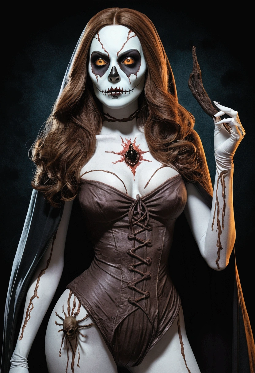 Make an anatomically perfect full-color, high-definition horror drawing, a character with brown hair, medium breasts and dressed as a witch with a humanoid dressed as a ghostface on her side
