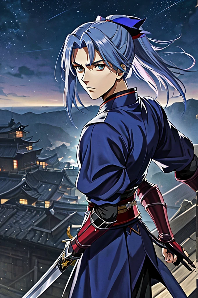 Highest quality,High resolution, ((Fate stay night)) ,(Assassin),One person,Zuo々Kojiro Ki,warrior,(blue_coat),male,One personで,Middle Age,strongest,Anime Style,ponytail,(ダークblue_Hair Color)(Night Sky_background),(Limbs),(Full Finger),(Accurate fingertips), (The finer details), (Super detailed),(Japanese sword:),4K,(high resolution),whole body, (Front angle), Looking at the camera,masterpiece,(Subtle details),(Intricate details),Octane Rendering,(Hyper Detail),