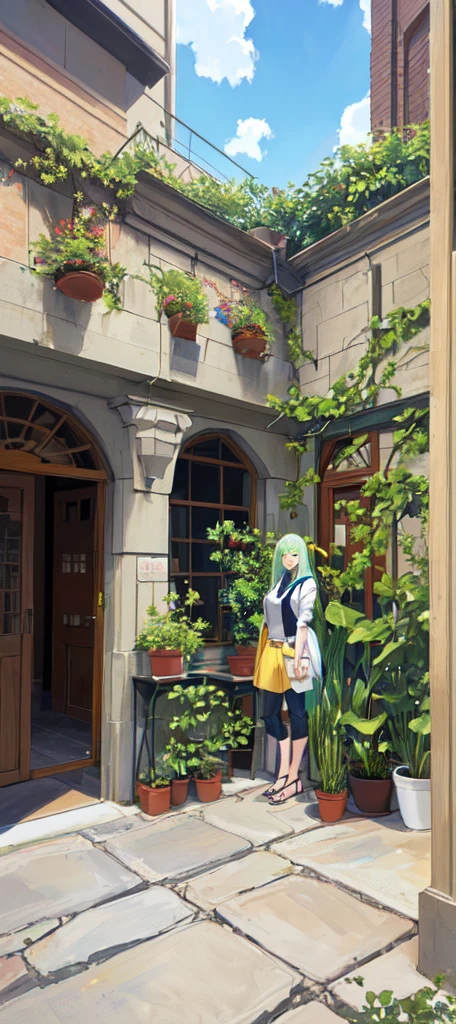 Several people stood around a potted plant in the courtyard, Anime,comics,cute