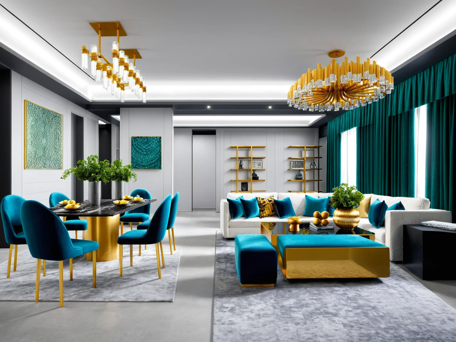 Raw photo, Masterpiece, high quality, best quality, authentic, super detail,
Glamorous,
Exudes luxury, sophistication, and a touch of drama, Think high-gloss finishes, metallic accents, and statement lighting with crystals or chandeliers,
This style thrives on a rich and luxurious palette, Think black, white, and gold as a base, accented with metallic tones like silver or copper, Jewel tones like emerald green, sapphire blue, or ruby can be used sparingly for added opulence,