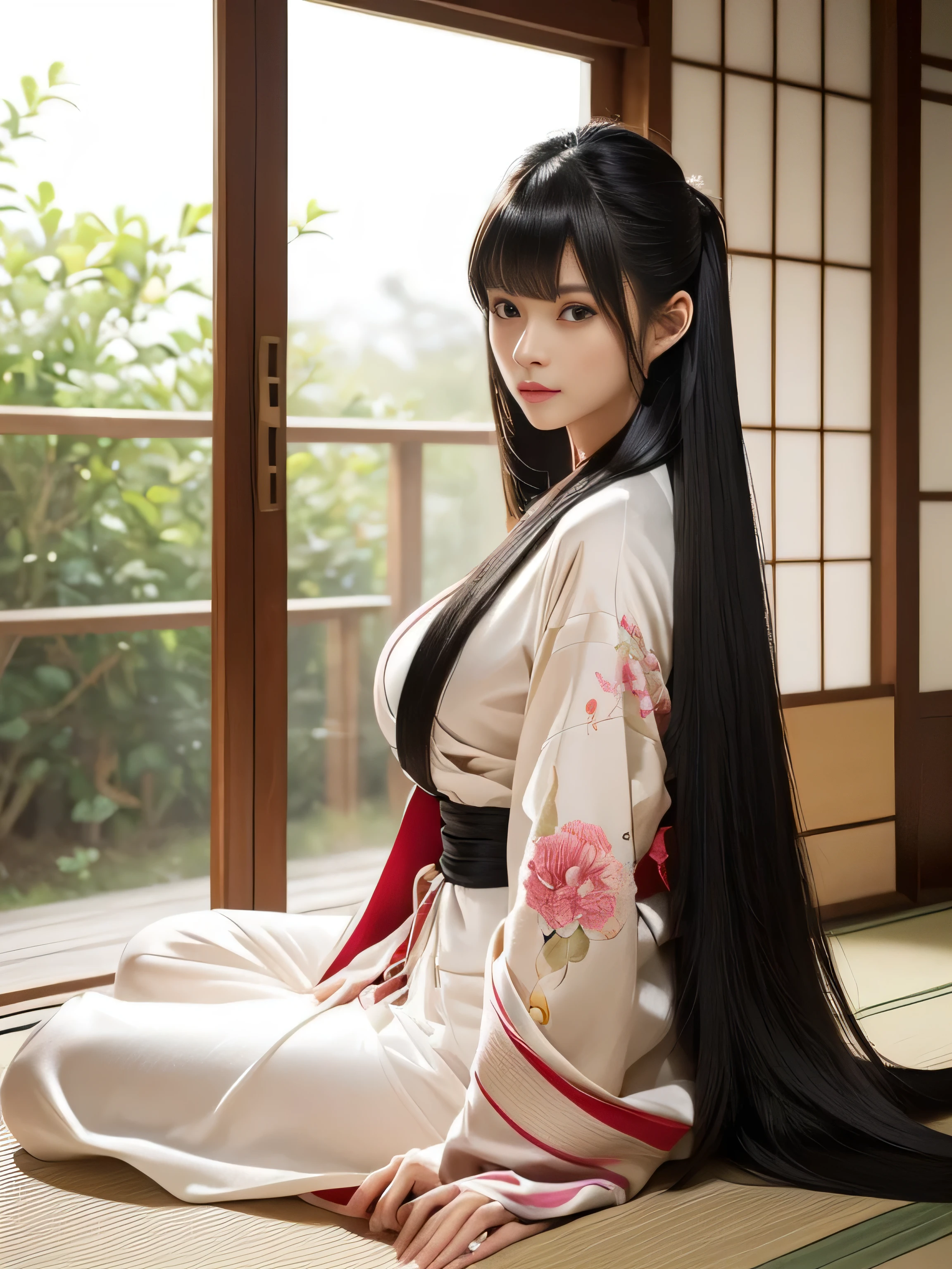 1woman ((Waist up shot)) ((She is wearing a random colored kimono)) (She is very sensual in random sitting poses) (She looks at the viewer and gives the most sexy look) ((highest quality)), ((masterpiece)), (family friendly), (Get used to it) ((Big Breasts:1.2)) ((Her hair is very straight!!!!!)) (Her hair is pitch black!!!) ((Her bangs are neatly trimmed and straight down.:1.3)) (Very long hair Up to the ankle!!!!! highest quality Highest detail Very long hair Up to the ankle!!!!! Very long hair!!!!! It lasts forever!!!!! Flowing hair Very shiny and thick hair Abnormally long hair!!!!! It lasts forever!!!!! Flowing hair on both ends!!!!! Very long hair!!!!! Up to the ankle!!!!! Very long hair!!!!! Up to the ankle!!!!! Thick and shiny hair Very free hair Abnormally long hair!!!!! Beautiful silky hair Beautiful and shiny hair Beautiful and shiny hair Beautiful silky hair Very long hair Up to the ankle!!!!! Very long hair!!!!! Very long hair!!!!!) (Japanese Solo Photos'The most beautiful 24-year-old kimono model) Perfect woman'face (She has a typical Japanese build and skin color..., Her skin is very high quality and ultra high definition.、very beautiful and glowing skin) (Her face is dignified and sexy)(She applied sexy makeup with the help of a professional makeup artist..... Lipstick is bright red!!! The eyeliner is a beautiful black) (She has a typical Japanese build and skin color Her skin is very delicate and sensitive..、and、Such beautiful and radiant skin) ((Her face shape is thinner than average:1.4)) ((Her eyes are larger than average:1.4)) ((Her eyes are larger than average:1.6)) ((Rich 1.4)) (Extremely detailed 8K) (Ultra-fine skin texture 1.4) (current, Vibrant:1.4), Sharp focus:1.2、Beautiful woman:1.4 Dynamic Lighting (Genuine RAW photos taken by professional photographers) very beautiful and glowing skin) (Surreal photos by professional photographers :1.2) (Very long hair Up to the ankle!!!!! highest quality Highest detail (Very long hair Up to