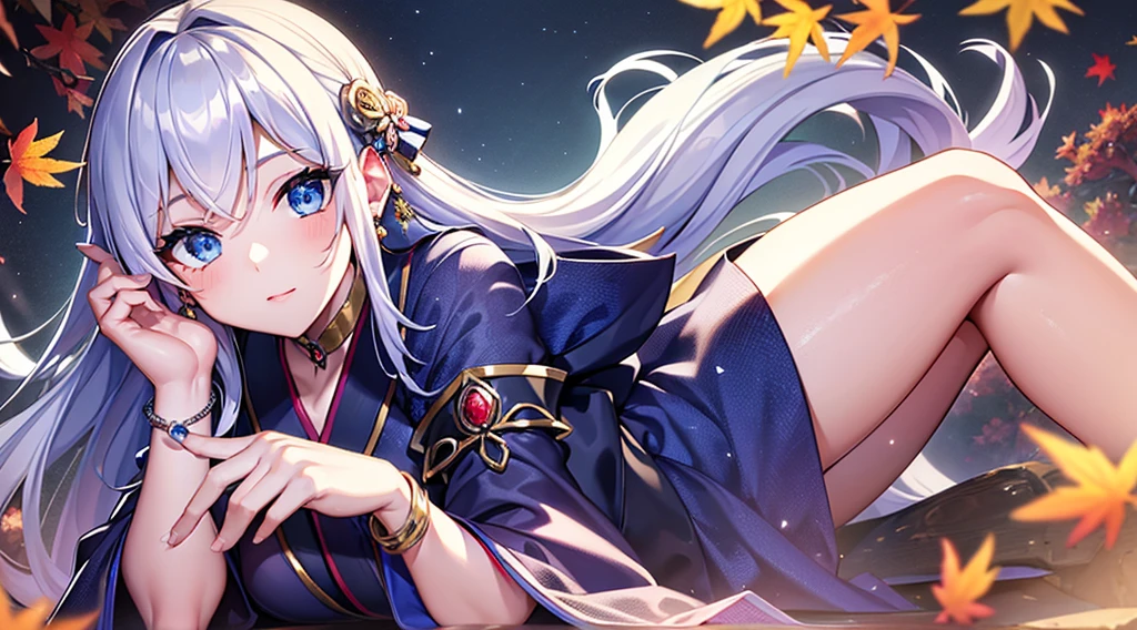 Highest quality, masterpiece, figure, wallpaper,One girl, Beautiful detailed girl, Highly detailed eyes and face, Beautiful attention to detail, Shine, View your viewers, Blue Eyes, Side Up,Beautiful silver hair ,crisp finger, clear background, deep night、Big earrings、bracelet,kimono,Autumn,