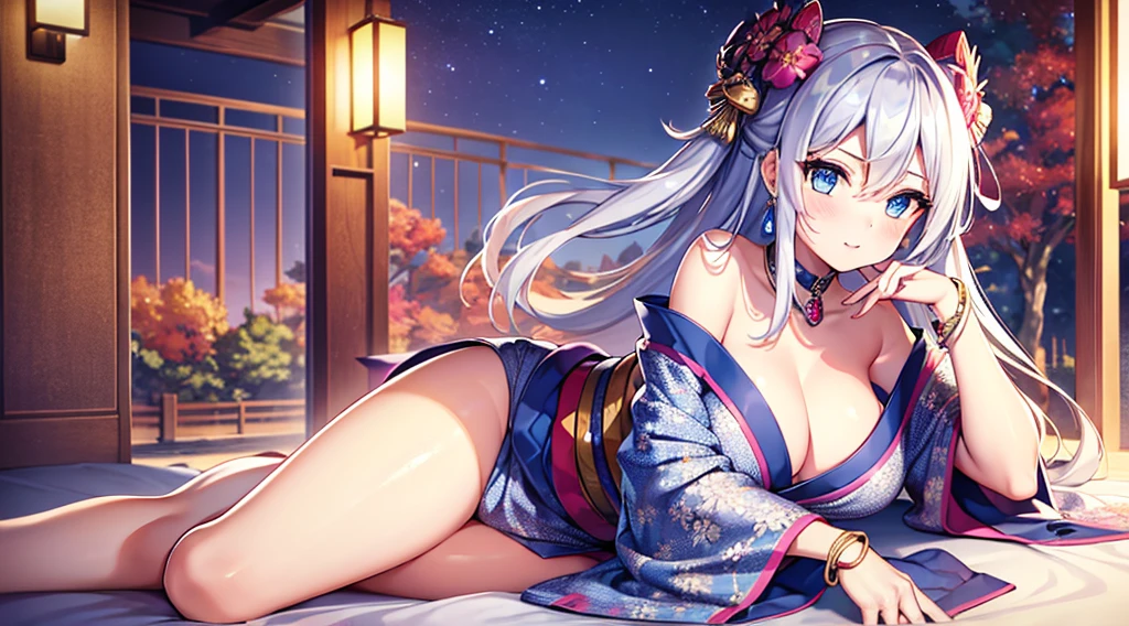 (((masterpiece, best quality))), (((superior quality))), cute girl, ((extremely detailed girl)), ((huge breasts)), (yukata), (bare shoulders), strapless top, silver hair