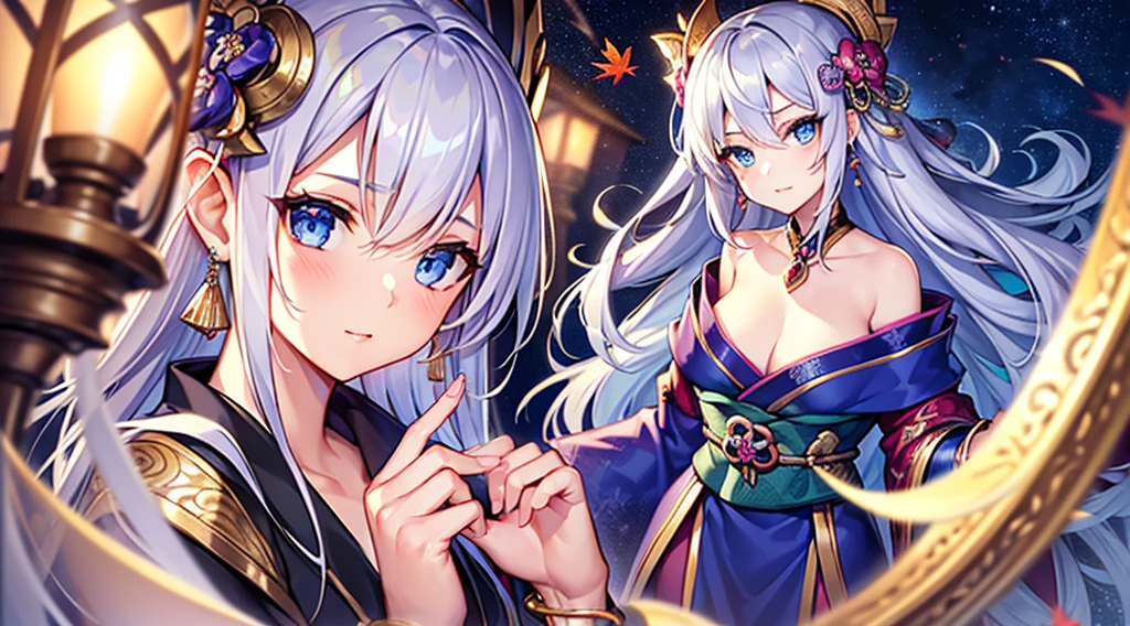 Highest quality, masterpiece, figure, wallpaper,One girl, Beautiful detailed girl, Highly detailed eyes and face, Beautiful attention to detail, Shine, View your viewers, Blue Eyes, Side Up,Beautiful silver hair ,crisp finger, clear background, deep night、Big earrings、bracelet,kimono,Autumn,