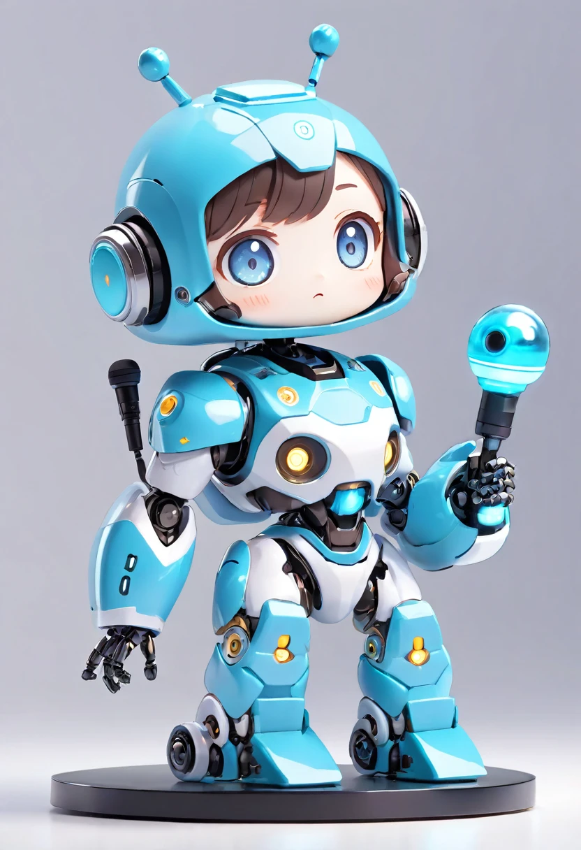 ((Board Game Themed Robot)), 3D Rendering, Lee Jong-suk, The art of math, Cute glowing creatures, Nendoroid style, Futuristic outfit shiny light blue armor、A cute girl eyes、antenna、Chest electronic display panel、Hold the microphone close to your mouth when speaking、Kind smile、((whole body、The background is white))、Standing