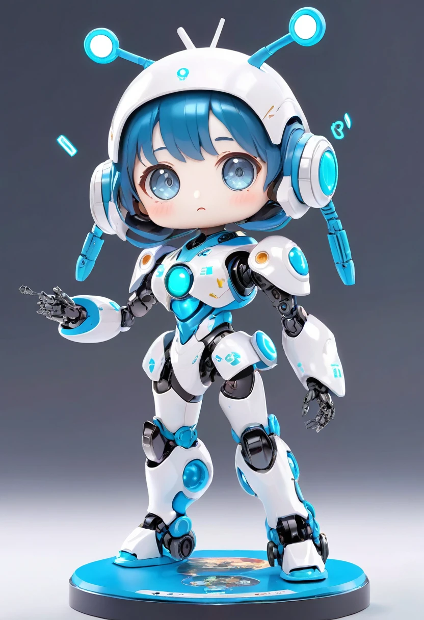 ((Board Game Themed Robot)), 3D Rendering, Lee Jong-suk, The art of math, Cute glowing creatures, Nendoroid style, Futuristic outfit shiny light blue armor、A cute girl eyes、antenna、Chest electronic display panel、Hold the microphone close to your mouth when speaking、Kind smile、((whole body、The background is white))、Standing