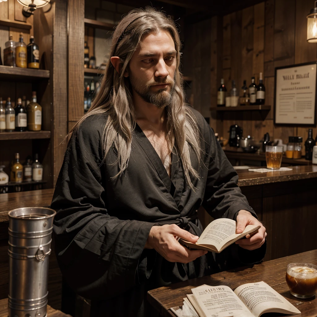 1 guy, Half elf, sleepy white eyes, Wise man, neck-length hair, messy hair, thin beard, drunkard, mediaval, Dress neatly, Wearing a black shirt and robe, white hair, lazy face, looks like haymitch from hungger game, alone at bar reading a book, young