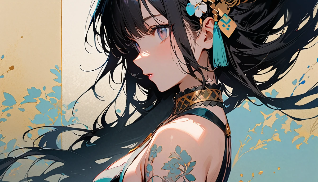 Fashion portrait color photos, Ink Painting, (((1 girl))), (((Tattoo on face))), (((Gorgeous hair accessories))), Japanese style headphones, face close-up, Japanese beautiful girl, Black Hair, Delicate and precise, Modern ukiyo-e style, gold