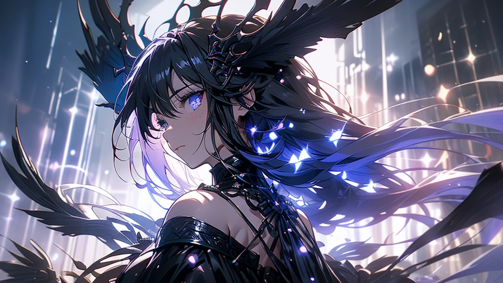 A dark fallen angel standing in a dark temple。Black wings growing from its back。Looking at this。Hair is black。