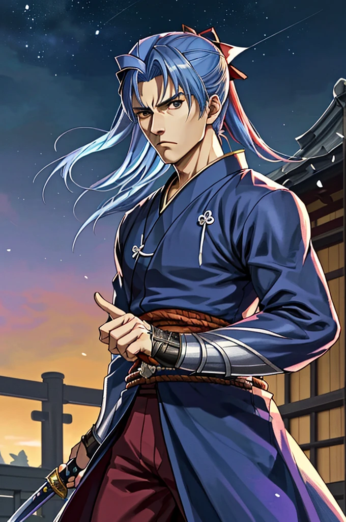 Highest quality,High resolution, ((Fate stay night)) ,(Assassin),One person,Zuo々Kojiro Ki,kimono,(blue_coat),male,One personで,Middle Age,strongest,Anime Style,ponytail,(ダークblue_Hair Color)(Night Sky_background),(Limbs),(Full Finger),(Accurate fingertips), (The finer details), (Super detailed),(Japanese sword:),4K,(high resolution),whole body, (Front angle), Looking at the camera,masterpiece,(Subtle details),(Intricate details),Octane Rendering,(Hyper Detail),
