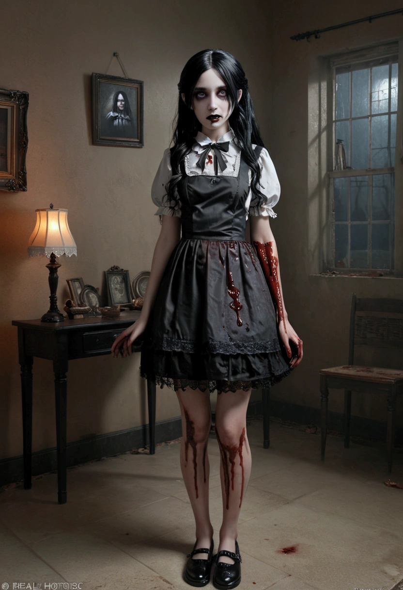 Full body shown. A zombie , in a maid outfit,daughter of severus snape extremely detailed black eyes and face, long black hair, beautiful detailed lips, longeyelashes, detailed zombie skin texture, maid outfit with lace and ribbons, Halloween night, horror, dark and moody atmosphere, dramatic lighting, pale skin, sunken eyes, sharp teeth, dripping blood, brain, (best quality,4k,8k,highres,masterpiece:1.2),ultra-detailed,(realistic,photorealistic,photo-realistic:1.37),dark colors,deep shadows,cinematic,dramatic. Full body shon, show her from head to toe