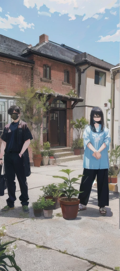 Several people stood around a potted plant in the courtyard, Anime,comics,cute