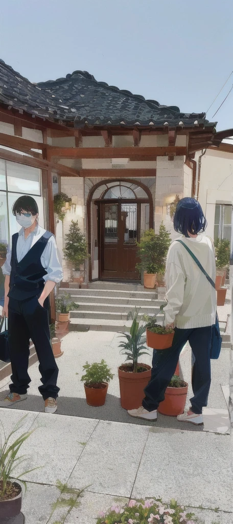 Several people stood around a potted plant in the courtyard, Anime，comics，cute