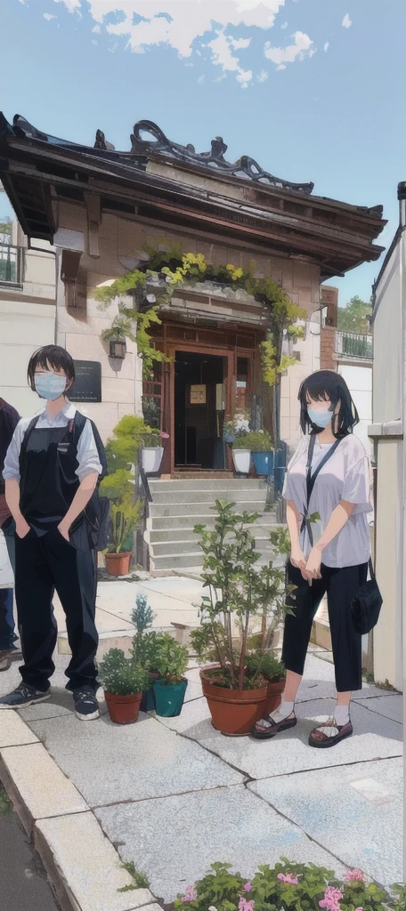 Several people stood around a potted plant in the courtyard, Anime,comics,cute