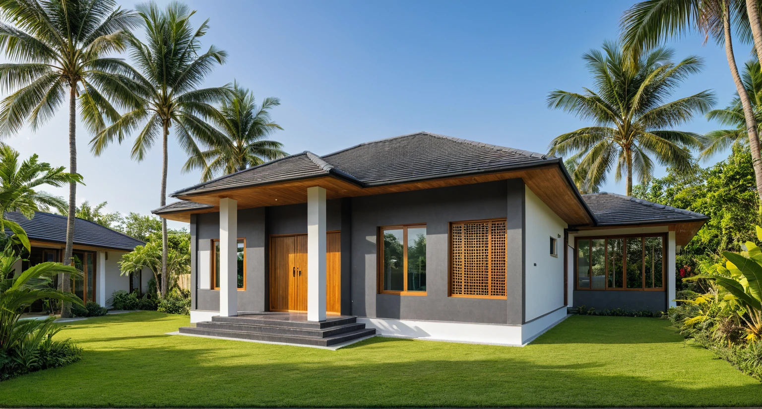 (masterpiece:1.2), best quality, photo of modern 1-storey house in countryside, white walls and local wood, large garden with many tropical trees and coconut trees, large garden, dark tiles sloping roof, vivid color, sunlight