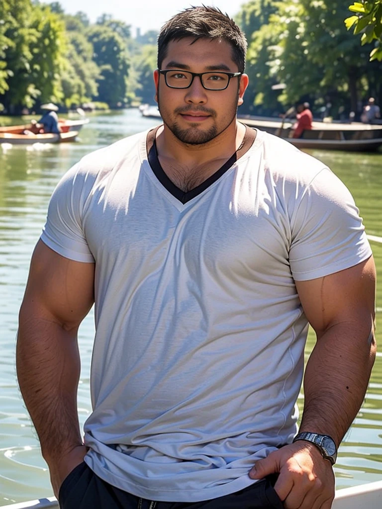 crew cut, (((full body))), mature man, [slightly fat], asian man, brown eyes, rounded face, glasses, slightly balding, (big shoulders), (((stubbles, Short beard))), (((full beard))), (Beautiful eyes:1.3), (Detailed face:1.3), cowboy shot, Man fishing on a boat in the river