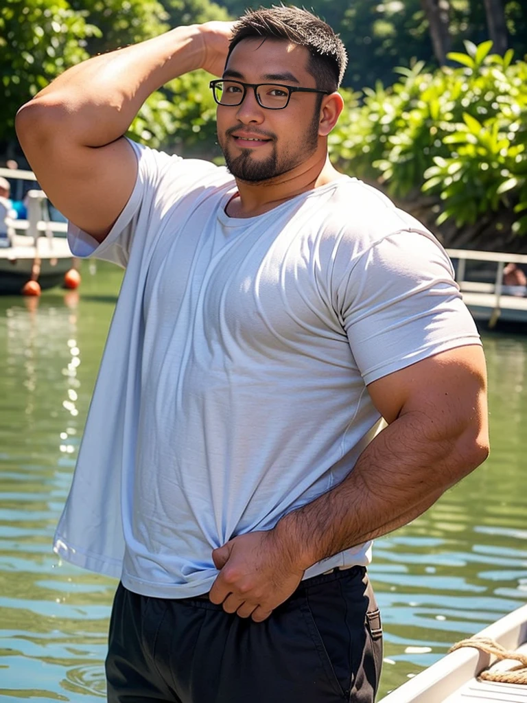 ((highest quality)), ((masterpiece)), (detailed), (Perfect Face),
2 man,  sweating, (Heavyset body:0.6), full body, chest muscles, (Slightly overweight:0.5), (big head:1.2),stubble, Young Japanese, Muscular, Fat body, Very big man, smile, thin face, single eyelid, rugby player, strong neck, white transparent very short pants, white transparent shirt, Thick thighs,8K UHD, Digital single-lens reflex camera, film grain, Fujifilm XT3, Photorealistic, topless, Pink nipples, White small swimsuit, Well-groomed fat face, Naked, Have power, Sitting with legs spread very wide, Highlights very thick thighs, Raising his armanly chest, topless, Pink nipples, Thick arms, Thick neck, Emphasizes a very large swimsuit bulge, Pale skin, Emphasize the lower body, Front facing shot, Very thick thighs, Round face, Plump, Fat, Raise thighs high, Forehead is narrow, Male eye, Facial muscle, Male face, grin, spread legs, Leaning back, wet, bulge