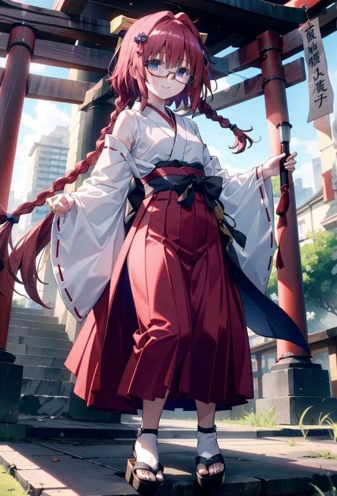 Meia Kurosaki,Meia Kurosaki,Redhead,Long Hair,Long braids,Purple eyes,Glasses, (Small breasts:1.2),Shrine maiden, 白いkimono, kimono, As with the skirt, Wide sleeves, Long sleeve, Red too,Long skirt,White tabi,Sandals,smile,blush,Sleeves edged with ribbon, whole bodyがイラストに入るように,
break looking at viewer,whole body,
break outdoors, shrine,torii,
break (masterpiece:1.2), Highest quality, High resolution, unity 8k wallpaper, (shape:0.8), (Beautiful attention to detail:1.6), Highly detailed face, Perfect lighting, Extremely detailed CG, (Perfect hands, Perfect Anatomy),