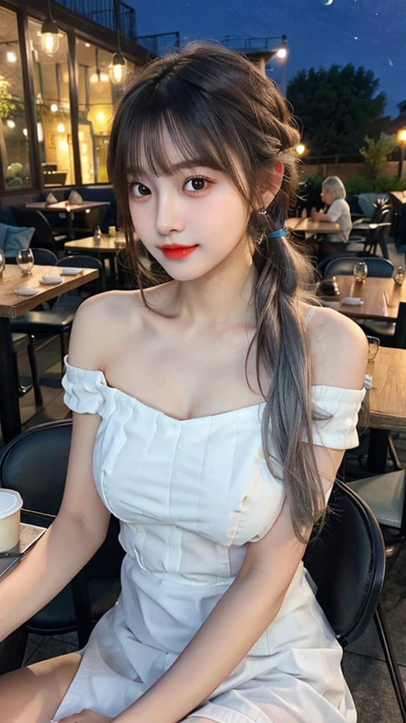 1 Girl, Beautiful, , 20 Years Old, White Skin, Large Saggy Breasts, Cleavage, ((White See Through Dress)), (Transparent), (Transculent), ((muscles:1.1)), ((Night restaurant Outdoor)), Sexy Look, Girly Pose, Grey Hair Bangs, Silver Twintail, ((adorable:1.1)), ((masterpiece:1.1)), Cute Face, ((Nightly:1.3)), Black Coloured, Candid, off-shoulder ((sit on the chair with coffe in the table))