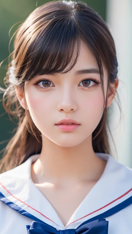 A beautiful high school girl wearing a sailor suit, extremely detailed face, beautiful detailed eyes, beautiful detailed lips, long eyelashes, realistic, photorealistic, 8k, highres, masterpiece, ultra-detailed, vivid colors, studio lighting, intricate details