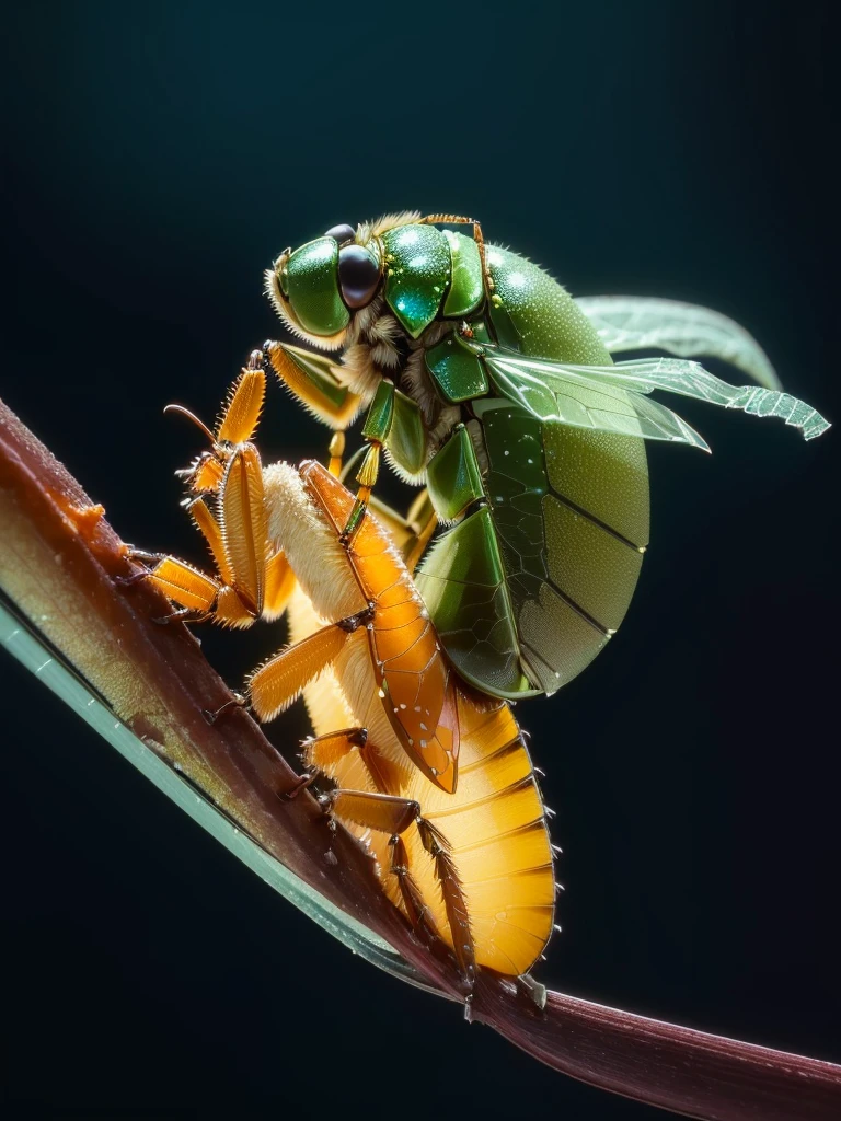 Close up of a bug on a long stem plant, award winning Macro photosgraphy, Cicada Wings, Macro photos, Award-winning color photos, a Macro photosgraph, Worms in the human body, insect, Macro photosgraphy, insectoid, insect wings, Macro photosgraph, by Basuki Abdullah, beautiful Macro photosgraphy, View from below, hd Macro photosgraphs