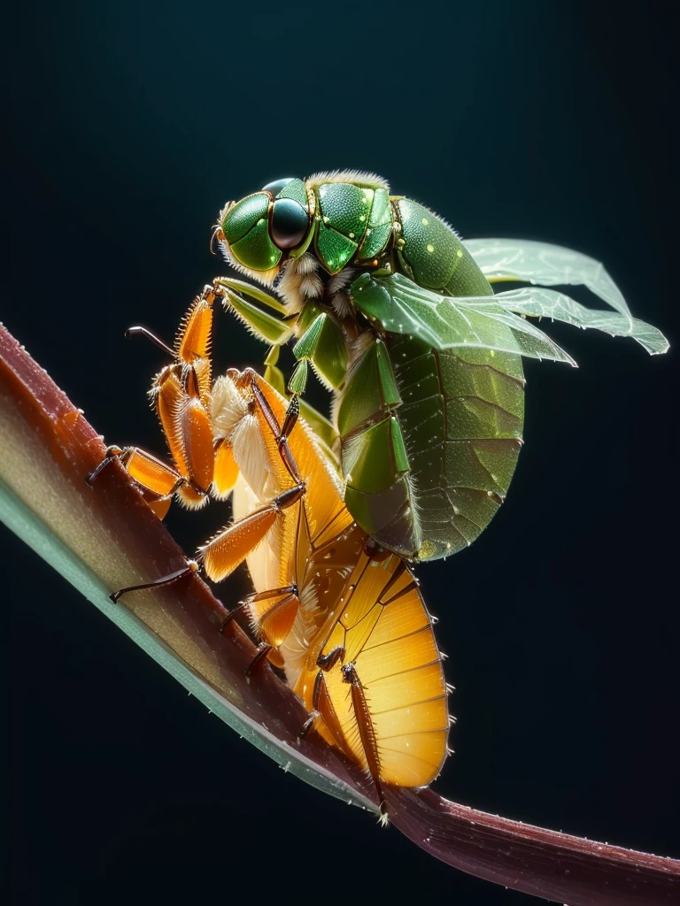 Close up of a bug on a long stem plant, award winning Macro photosgraphy, Cicada Wings, Macro photos, Award-winning color photos, a Macro photosgraph, Worms in the human body, insect, Macro photosgraphy, insectoid, insect wings, Macro photosgraph, by Basuki Abdullah, beautiful Macro photosgraphy, View from below, hd Macro photosgraphs