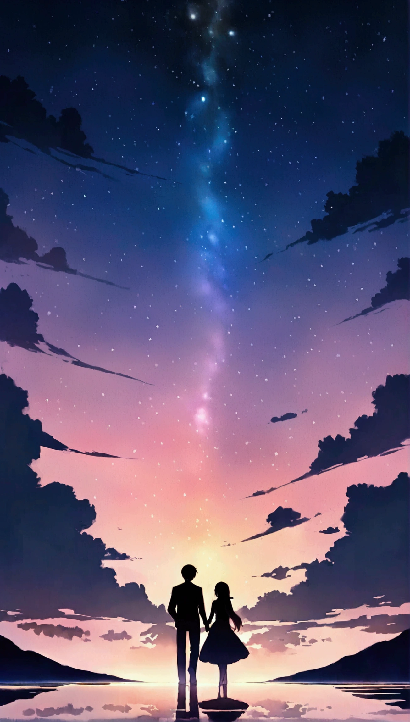 "Twinkling Star々The night sky is filled with, Each star shines brightly. This scene radiates a sense of love and connection., As if the stars were shining a light on your feelings for that special someone. background, soft, The gentle glow enhances the romantic atmosphere.. Starlight creates a path to the horizon, It symbolizes the bond between two people that transcends distance.."Silhouette of man and woman