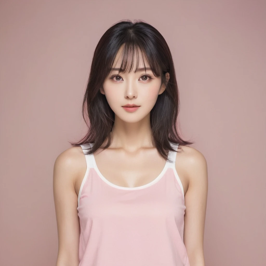 whiteroom, 1 person, Japanese woman, look at the camera, H~I cup, model's expression, Create an AI-generated image of a beautiful woman with the following facial features: straight medium-length black hair, parted bangs, large almond-shaped brown eyes with double eyelids, slightly upturned outer eye corners, small straight nose with a high bridge, small and well-shaped mouth with thin lips, smooth fair skin, oval-shaped face with high cheekbones, and a gentle, approachable smile. The woman should have a natural makeup look, with well-defined but natural eyebrows, lightly applied pink lipstick, a hint of natural blush, and long curled eyelashes. The face should have balanced proportions, be symmetrical, and give a youthful and clean appearance. , Tank top, Shiny skin, Sweaty body, Dramatic lighting, Huge breath, (8K, 4K, Best Quality, High Definition, Ultra High Definition: 1.1), (Masterpiece, Realistic, Photorealistic: 1.1)