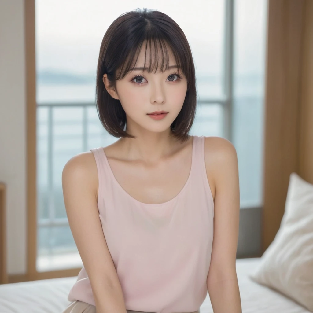 whiteroom, 1 person, Japanese woman, look at the camera, H~I cup, model's expression, Create an AI-generated image of a beautiful woman with the following facial features: straight medium-length black hair, parted bangs, large almond-shaped brown eyes with double eyelids, slightly upturned outer eye corners, small straight nose with a high bridge, small and well-shaped mouth with thin lips, smooth fair skin, oval-shaped face with high cheekbones, and a gentle, approachable smile. The woman should have a natural makeup look, with well-defined but natural eyebrows, lightly applied pink lipstick, a hint of natural blush, and long curled eyelashes. The face should have balanced proportions, be symmetrical, and give a youthful and clean appearance. , Tank top, Shiny skin, Sweaty body, Dramatic lighting, Huge breath, (8K, 4K, Best Quality, High Definition, Ultra High Definition: 1.1), (Masterpiece, Realistic, Photorealistic: 1.1)