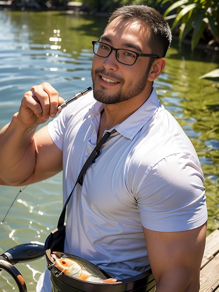 Slightly built man, Breasts without clothes, in coats, fishing on the shore of the lake, he is very happy, caught a huge fish