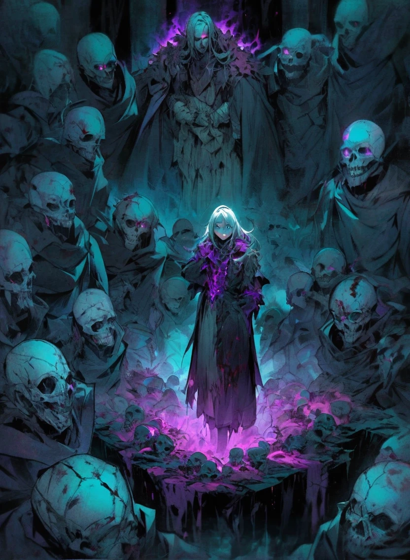 A warlock's patron, an undead king, with glowing blue eyes, in a dark forest, surrounded by a cold, cold color palette, a skeleton army in the background, wearing a bloodstained dress with a blood aura, The flesh is rotting.