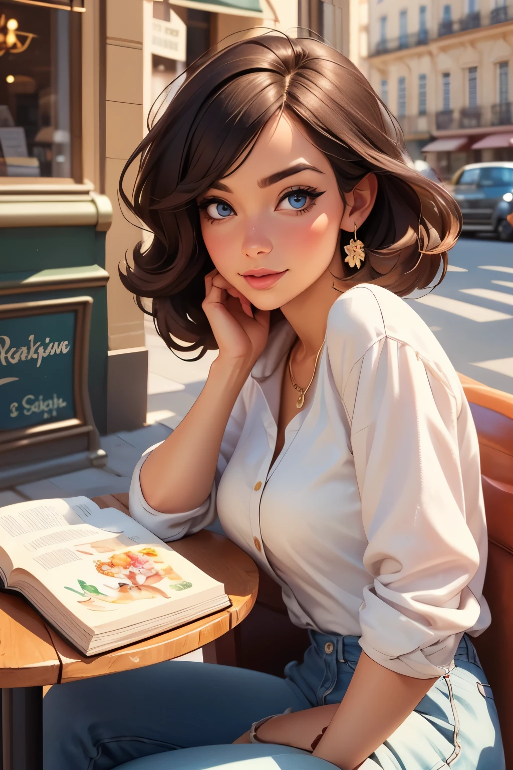 Career woman having a lovely day, reading a book in a Parisian cafe, viewer's perspective, cute eyes, detailed face, nice weather and pleasant sunshine, watercolor painting