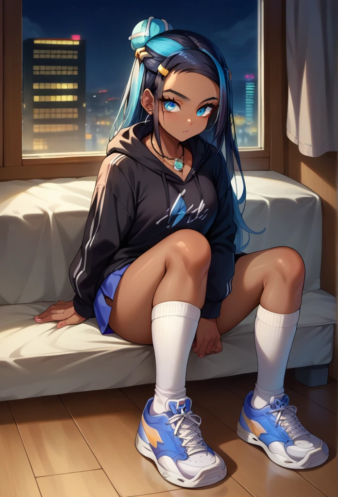 score_9, score_8_up,score_7_up, source_anime, 1girl, solo, EPpkNessa, blue eyes, black hair, blue hair, streaked hair, single hair bun, dark skin, dark-skinned female, necklace, ear piercing, black hoodie, white socks, kneehighs, sneakers, black sneakers, bedroom, at a dark room, at night , city view from the window, gyaru,