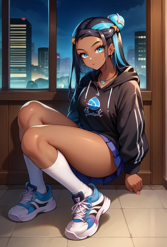 score_9, score_8_up,score_7_up, source_anime, 1girl, solo, EPpkNessa, blue eyes, black hair, blue hair, streaked hair, single hair bun, dark skin, dark-skinned female, necklace, ear piercing, black hoodie, white socks, kneehighs, sneakers, black sneakers, bedroom, at a dark room, at night , city view from the window, gyaru,