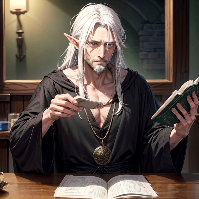 1 guy, Half elf, sleepy white eyes, Wise man, neck-length hair, messy hair, thin beard, drunkard, mediaval, Dress neatly, Wearing a black poet shirt and robe, white hair, lazy face, looks like haymitch from hungger game, alone at bar reading a book, young