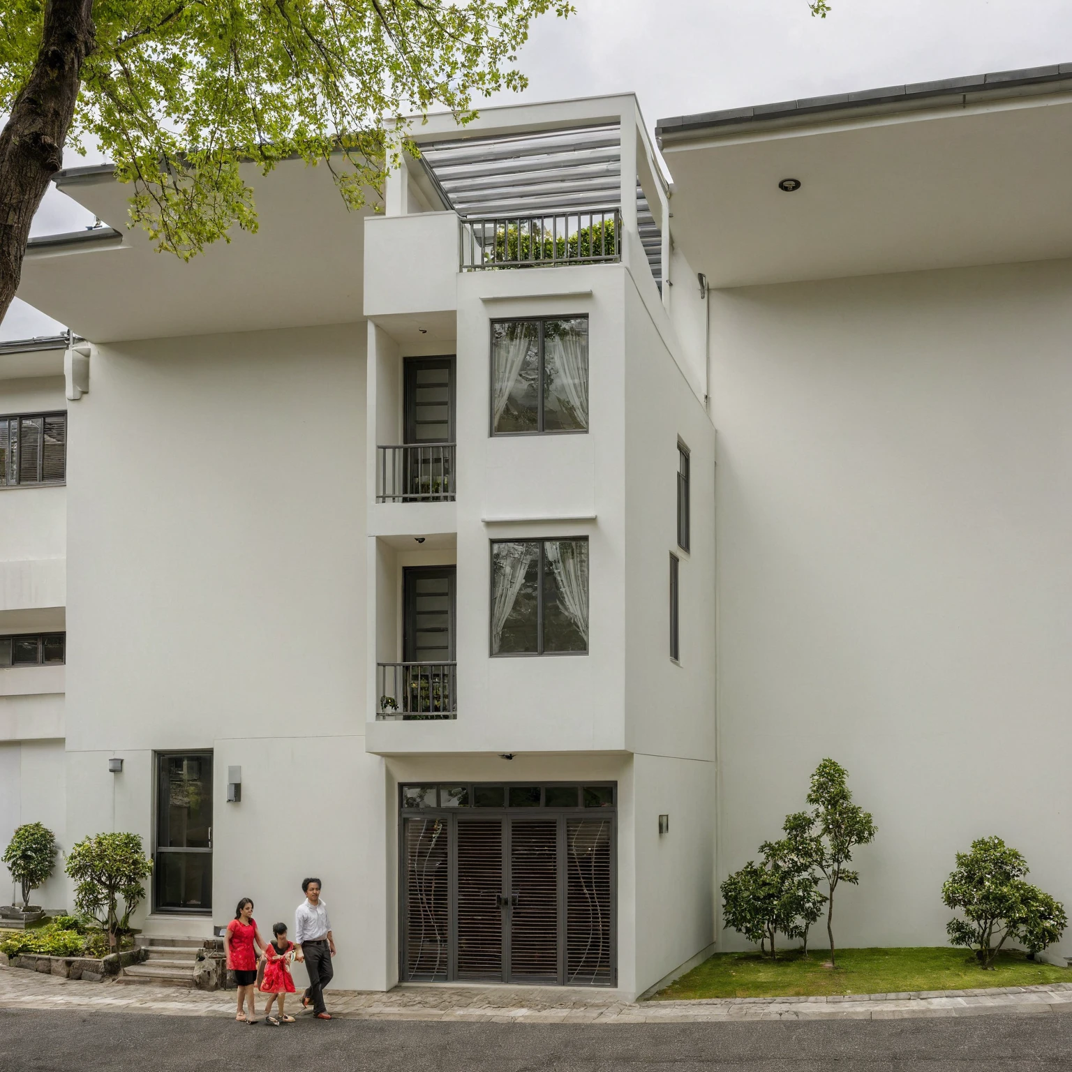 Raw photo, Masterpiece, high quality, best quality, authentic, super detail, architecture, house, outdoors, style modern, minimalist line, wooden, white paint wall, japan style, wasabi style, Jen style, steel stair, glass railing, paint wall decor, tree, street
