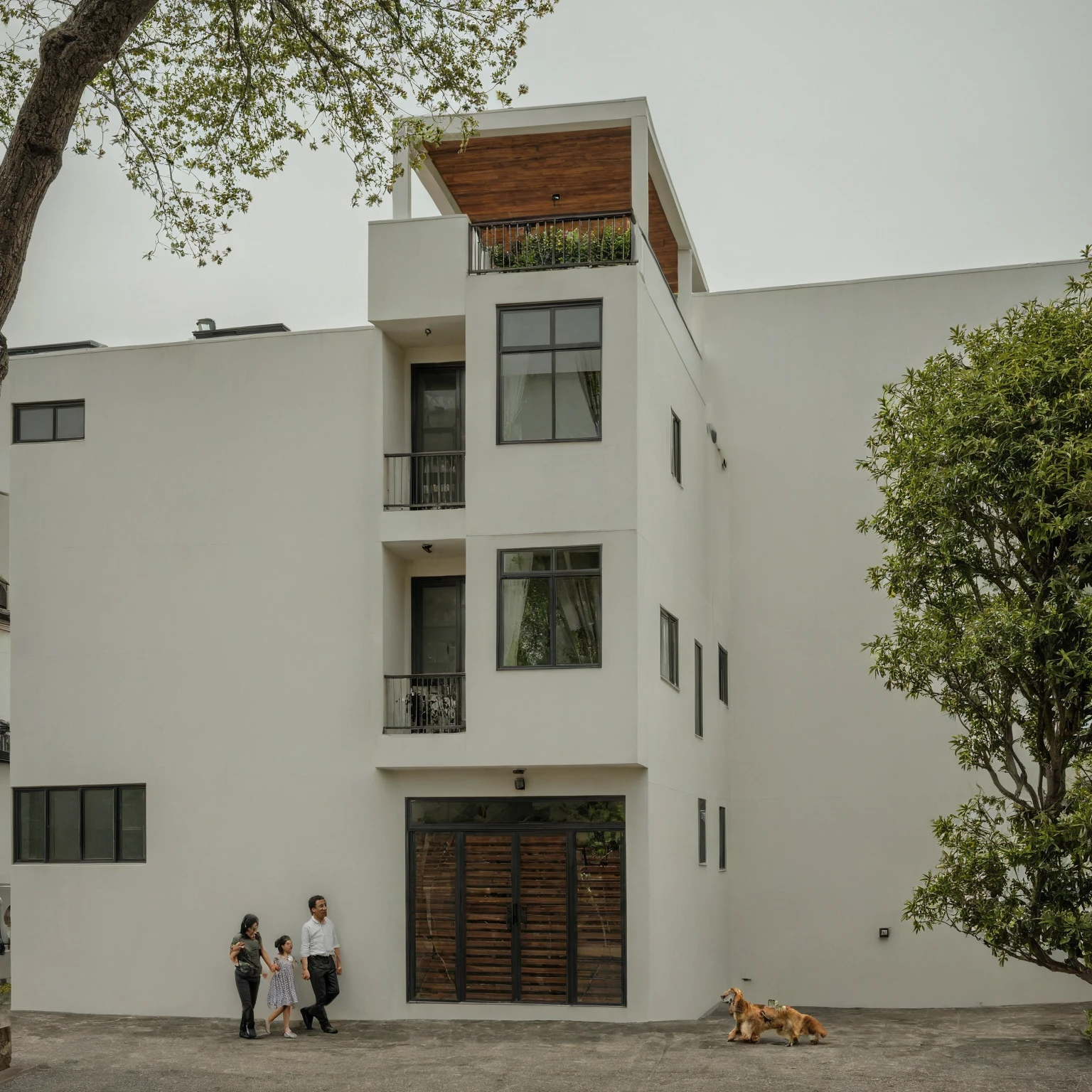 Raw photo, Masterpiece, high quality, best quality, authentic, super detail, architecture, house, outdoors, style modern, minimalist line, wooden, white paint wall, japan style, wasabi style, Jen style, steel stair, glass railing, paint wall decor, tree, street