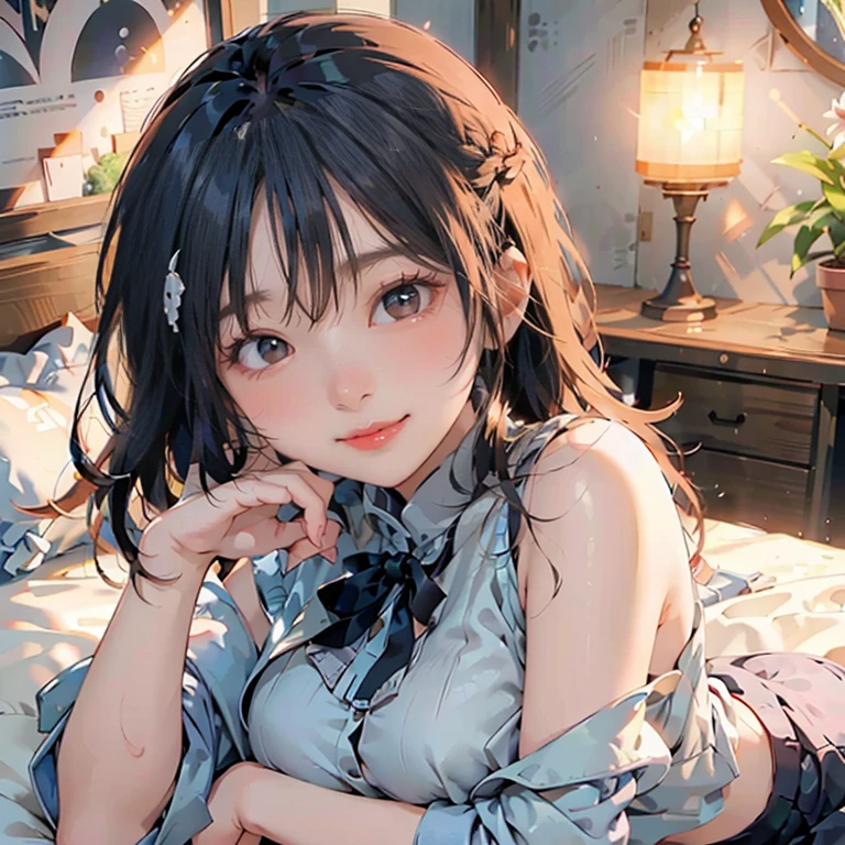 ((((highest quality)))), (((Ultra-precision CG 16K))), (((masterpiece))), (((Very detailed))), (((Extremely detailed))), (((Black outline:1.3, Written boundary depth:1.3 , Written soft outline))), Maximum clarity and sharpness,Multilayer Texture, Surface Shading, Cinematic lighting, Beautiful details sparkle ,Perfect Proportions, Limited to three woman, BREAK accurate, Anatomically correct, Highly detailed face and skin texture, drawn in detail, Highly detailed facial and skin texture, Detailed eyes, beautiful hair, Beautiful Japanese Idol face, Beautiful and beautiful eyes, Beautiful body, Beautiful breasts, Beautiful thighs, Beautiful legs, Beautiful fingers, (Beautiful views) , skinny body, ((Beautiful Skin)), ((Skin Texture)) , solo, limited one girl BREAK breast enlarged, medium Breasts, rocket breasts, (((perky breasts))), ((covered nipples)), slender waist, (smiling , narrow eyes, brown eyes, blush, determined expression, hot, sweaty , Heavy breathing,) BREAK ((streaked hair, hair intakes, colored inner hair, several hairstyles )) BREAK (((wearing oversized character printed tank top, wearing Jersey in a casual way, wearing pleats mini-skirt , breasts is covered by outfit))) , wearing earrings, BREAK ((( a woman in the bedroom, ((lying down on her back on the bed)), put her hand on her forehead, looking at viewer ))),