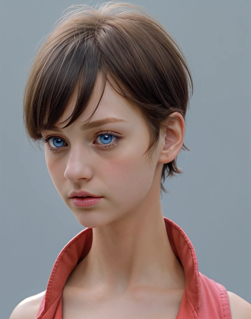 masterpiece, best quality, highres, serena (pokemon), short hair, blue eyes, 1girl, solo, blue ribbon, eyelashes, neck ribbon, sleeveless, bangs, collarbone, bare arms, pink dress , red coat, white background, front, no scenery, looking at the viewer,upper body, facing viewer, solid color background, clean background, facing the camera, high resolution, expressionless calm face, white back ground, looking away, simple_background