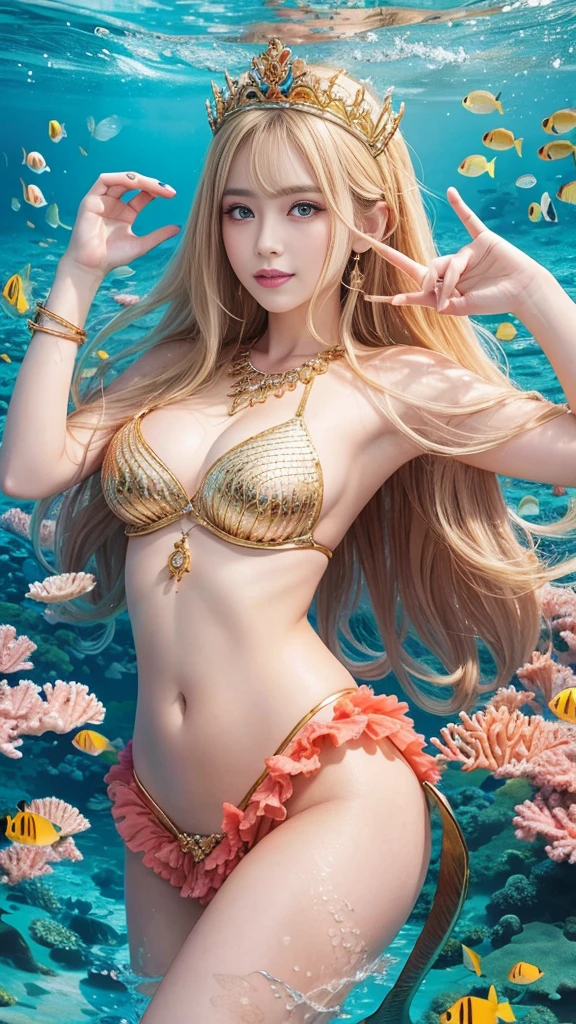 (((In the beautiful coral reef))), ((mermaid)), Masterpiece、Highest quality、8k 、Realistic,Highly detailed face、Highly detailed eyes、Highly detailed lips、(Cute Face),、smile, The double tooth is visible, Golden breastplate, Big Tits 1.6、Tight waist, Blonde、blue eyes, ((Detailed depiction of the golden scales below the navel)), ((Swim to the bottom of the ocean)), Holds a golden trident in his right hand, Place a golden tiara on your head, Wear a gold bracelet on your left wrist, Dynamic composition, ((Texture in the water))